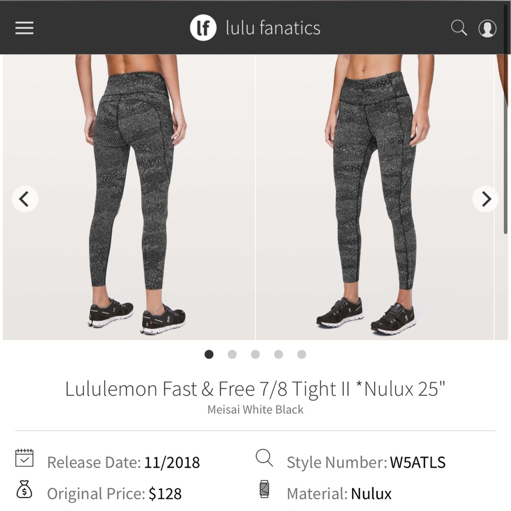 Lululemon Fast & Free 7/8 Tight II *Nulux 25" in Meisai White Black